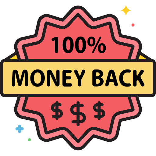 Stylized '100% Money Back' guarantee badge with dollar signs on a white background