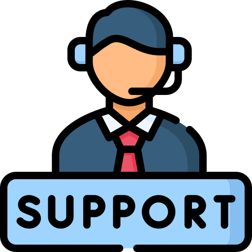 Icon of a support person with a headset and 'SUPPORT' text on a white background